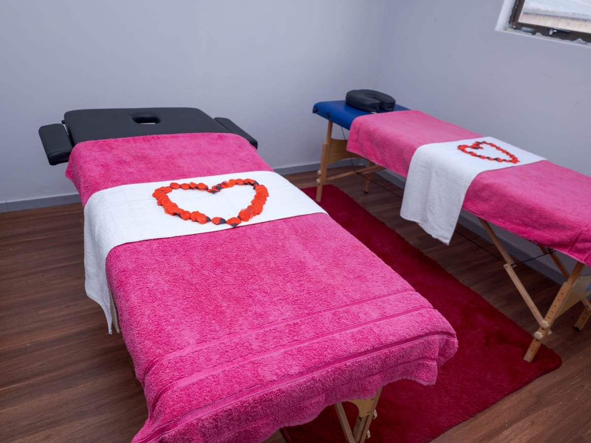 Twin treatment beds ready for a couples massage
